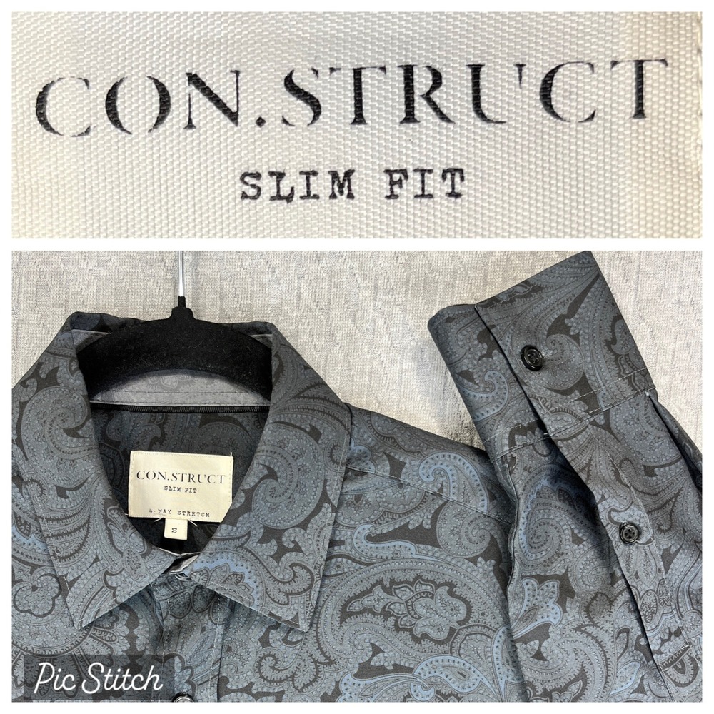 Construct Slim Fit black Paisley dress Shirt Men Small 4 Way Stretch long sleeve